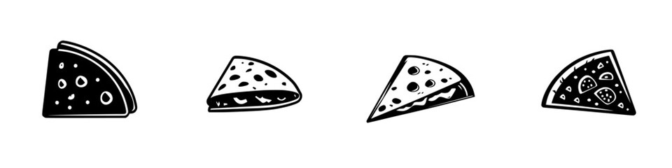 Flat black icons representing various types of pizza slices arranged in a row on a simple background