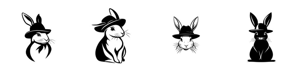 Unique collection of flat black rabbit icons wearing hats in simple and stylish design