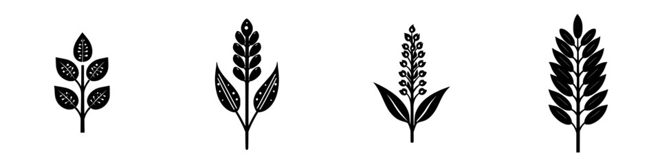 Fototapeta premium Collection of flat black botanical icons depicting various plant designs for creative and artistic use