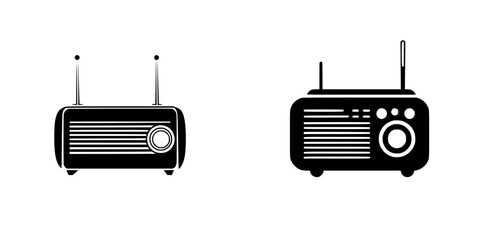Flat black icons of retro radios illustrating classic design and functionality in a minimalist style