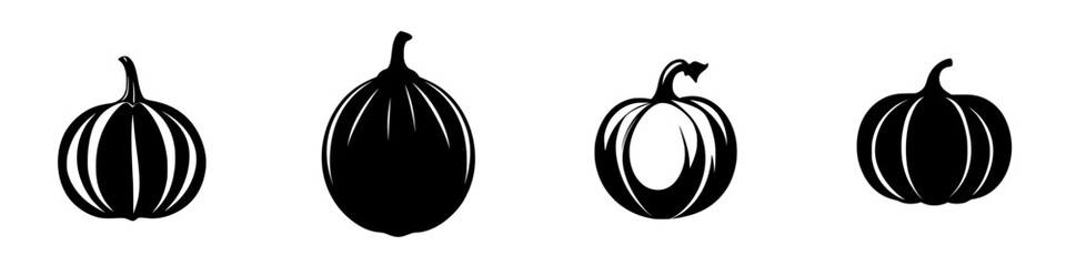 Collection of flat black pumpkin icons suitable for fall decorations or Halloween themes in a minimalist style