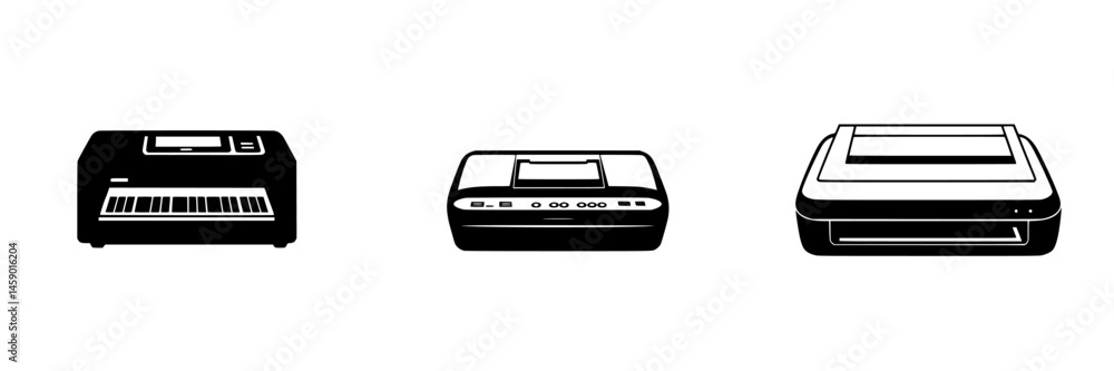 Poster flat black icons representing musical keyboard, audio interface, and printer devices arranged horizo
