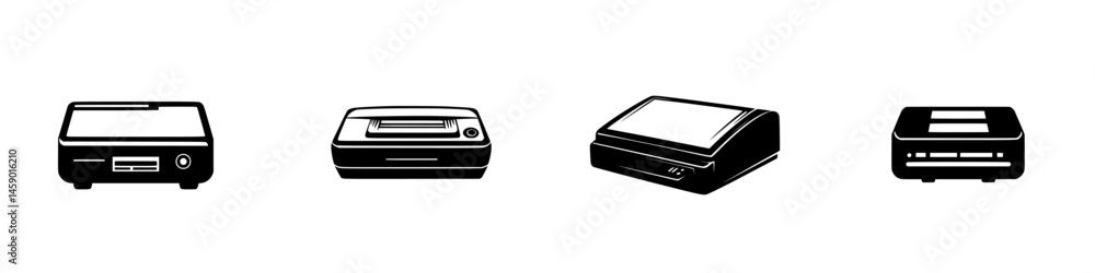 Poster flat black icons of various printer designs showcasing modernistic styles and forms in a simple grap