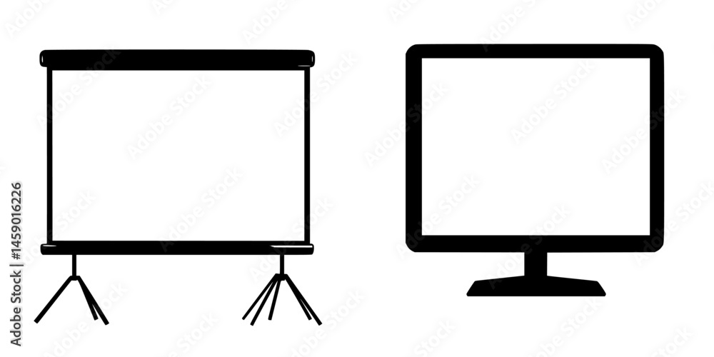 Poster black icon depicting a projector screen next to a flat screen monitor suitable for presentations and