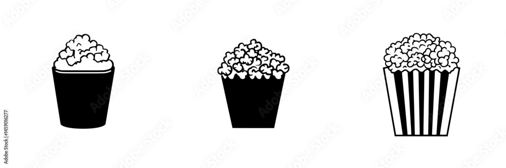 Poster flat black popcorn icon collection showcasing three distinct styles in a minimalistic design for use