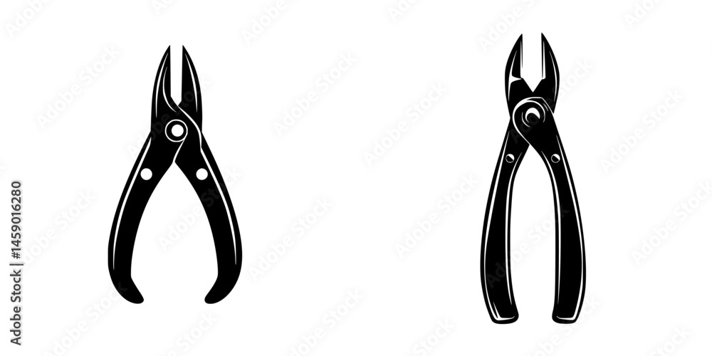 Poster flat black icon of two types of pliers displayed side by side, showcasing their unique designs and f