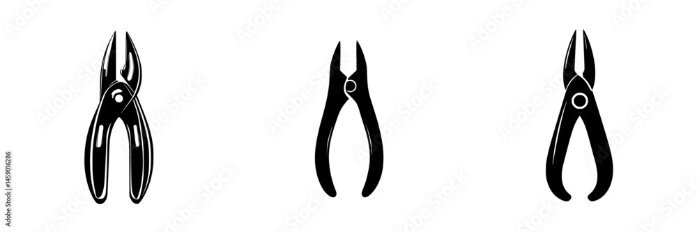 Poster iconic flat black designs of different styles of pliers showcasing their shape and functionality in 