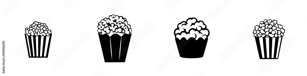 Poster various flat black popcorn icons displayed in different sizes and shapes for creative graphic design