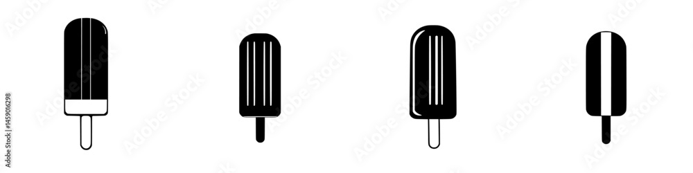 Poster flat black ice cream popsicle icons representing various styles and shapes displayed on a clean whit