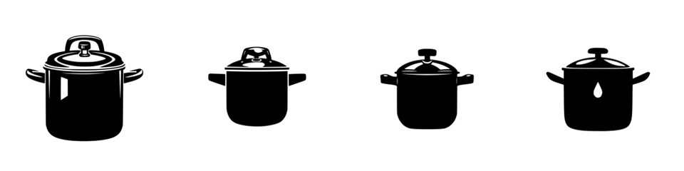 Flat black icons of various types of cooking pots arranged in a row
