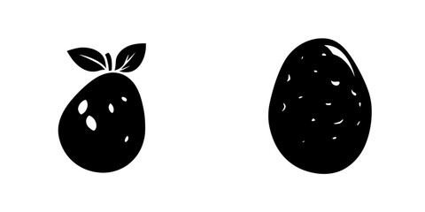 Black flat icons depicting a fruit and an oval shape illustrating a natural object in a minimalist style