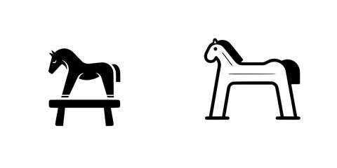 Black icon representing a rocking horse beside a simpler horse design for playful illustrations and designs