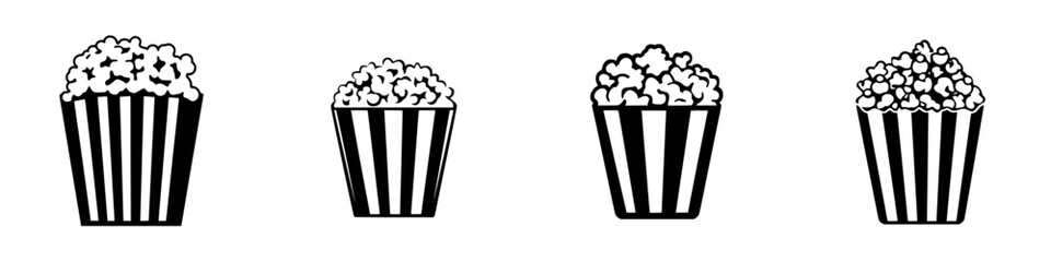 Flat black icons of popcorn containers in various sizes, showcasing a popular snack for movie lovers