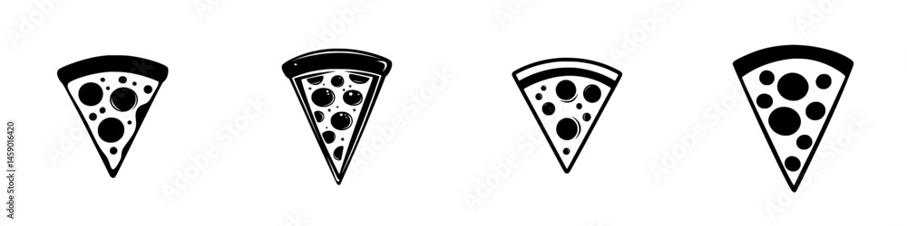 Poster flat black icons of pizza slices illustrating different styles and toppings for culinary design use