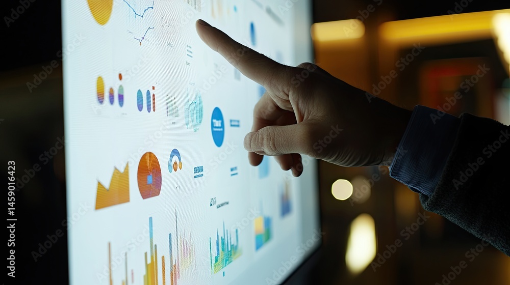 Poster interactive data analysis on screen with human finger pointing towards charts