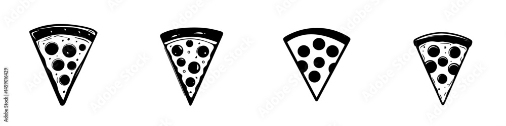 Poster Multiple flat black pizza slice icons in various styles showcasing different toppings and designs