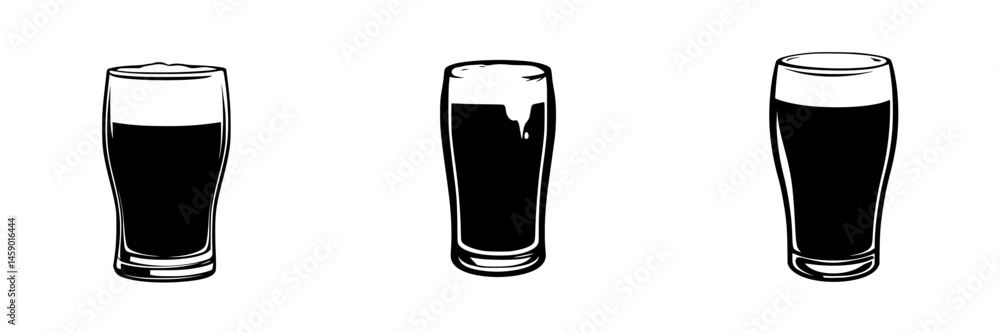 Poster black icon set representing glasses of dark beer in various styles to illustrate beverage choices fo