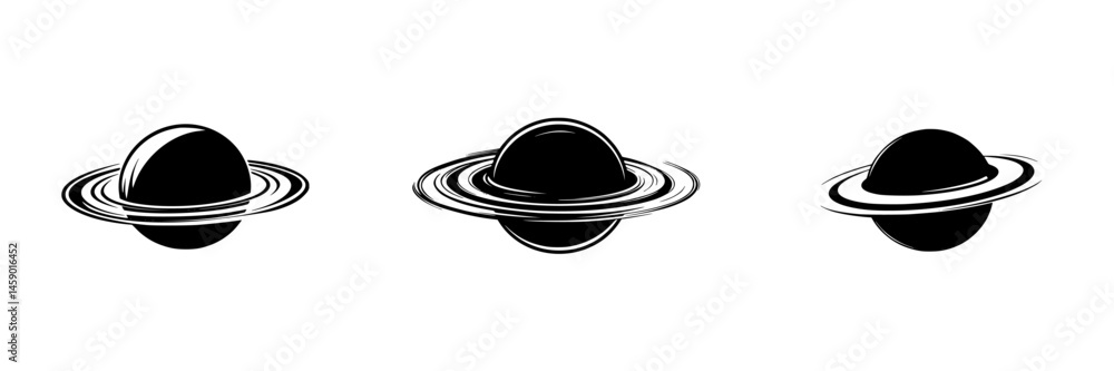 Poster flat black icon representation of planets with rings displayed in a linear arrangement against a pla