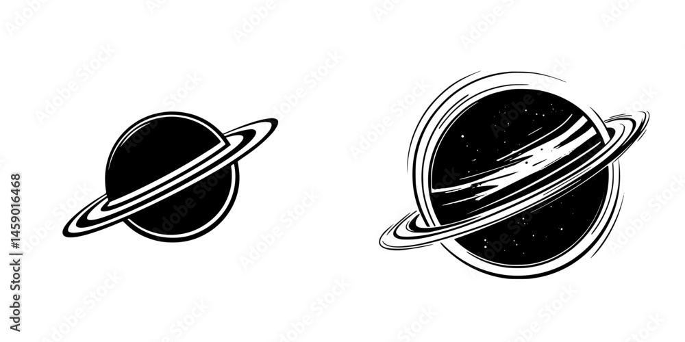 Poster flat black icon representing two variations of saturn with rings, showcasing a minimalist design sui