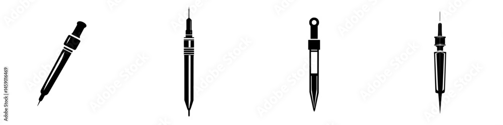 Poster various flat black icons representing different types of pens and drawing tools arranged in a row
