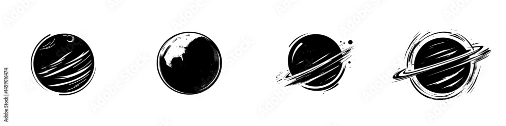 Poster stylized flat black icons representing various planets in a simplified artistic design without addit