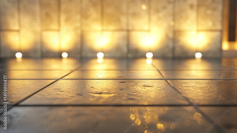 Fototapete warm golden light illuminates wet tiles, reflecting soft glow from embedded lights in a modern stone