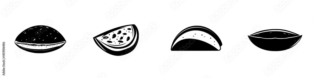 Poster flat black icons representing different fruits and their cross-sections, showcasing a minimalistic a