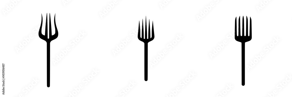 Aufkleber flat black fork icons designed for culinary and dining applications, showcasing three variations of 