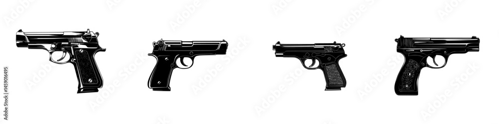 Poster collection of flat black icons representing various types of handguns in a minimalist design