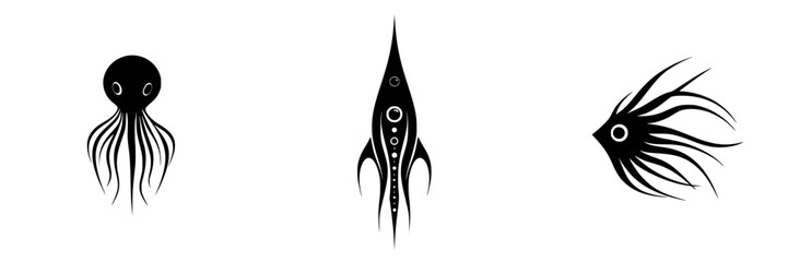 Fototapeta premium Flat black icons of marine life featuring an octopus, a squid, and a fish suitable for various design applications