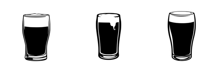 Black icon set representing glasses of dark beer in various styles to illustrate beverage choices for a bar or pub menu