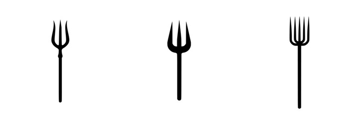 Three flat black icons of garden forks displayed in a row on a white background