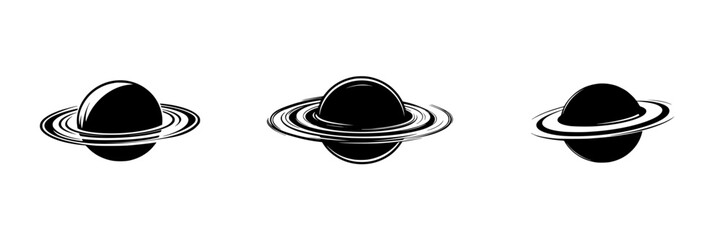 Flat black icon representation of planets with rings displayed in a linear arrangement against a plain background