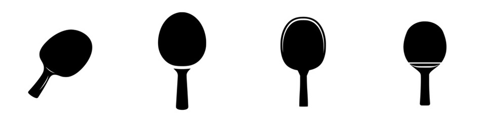 Flat black icons of different styles of paddle or racket for sports and recreational activities