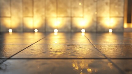 Warm golden light illuminates wet tiles, reflecting soft glow from embedded lights in a modern stone wall background. : Generative AI
