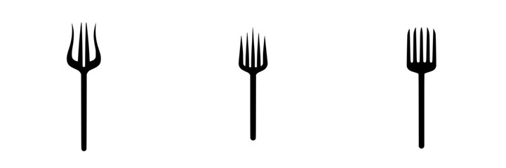Flat black fork icons designed for culinary and dining applications, showcasing three variations of fork designs aligned horizontally