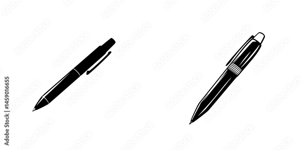 Poster flat black icons of two different pen designs displaying simplicity and functionality in stationery 
