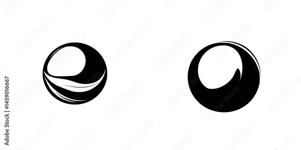 Poster flat black icon depicting two spherical shapes with varying textures and surfaces for design and ill