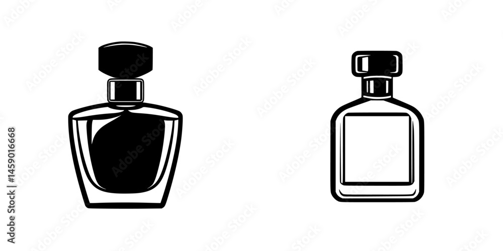 Poster flat black icons of perfume bottles showcasing different shapes and designs in a minimalist style