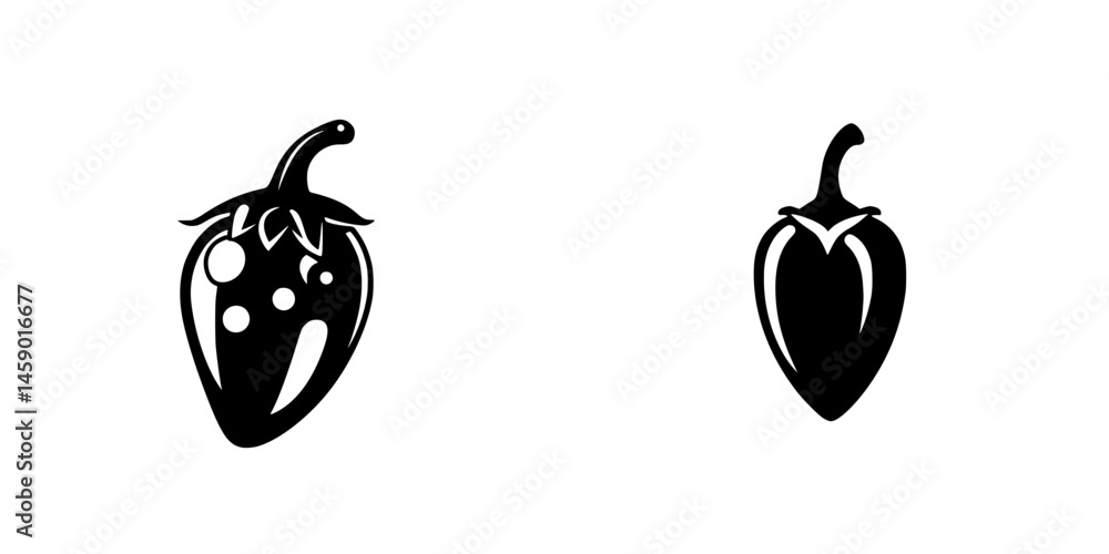 Aufkleber flat black icons of two distinct types of peppers designed for graphic representation and culinary u