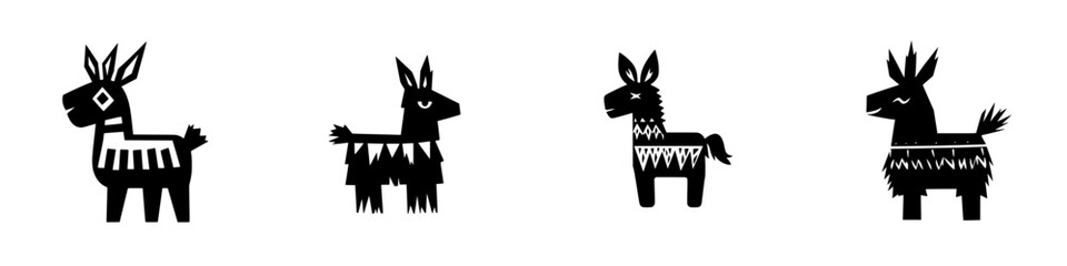 Flat black icons of pinatas in various designs and styles arranged in sequence, showcasing unique artistic features