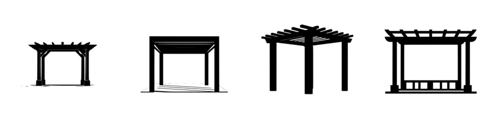 Various flat black icons of outdoor pergolas showcasing different designs and structures for landscaping