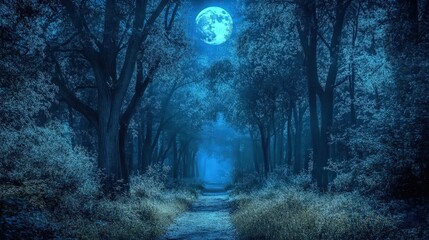 Fototapeta premium A deep forest at night with the moon high above, casting a ghostly glow on the path ahead.
