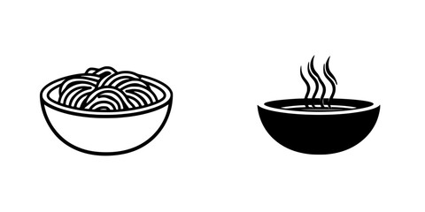 Flat black icons depict a bowl of noodles and a steaming bowl of broth for culinary illustration