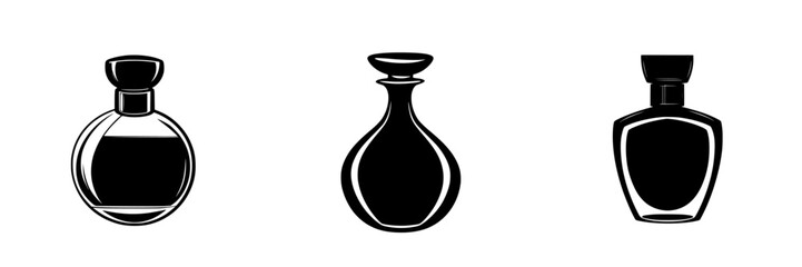 Elegant black icons representing various perfume bottles in a minimalist design for fragrance enthusiasts and designers