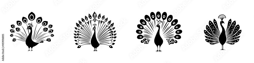 Poster unique collection of flat black peacock icons showcasing different feather patterns and styles for c