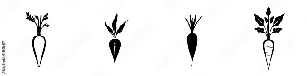 Poster black icons depicting various styles of root vegetables created in a flat design style for use in gr