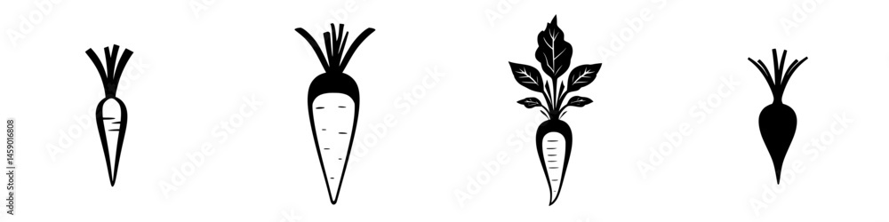 Poster various flat black icons of carrots showcasing different styles and designs for artistic and creativ