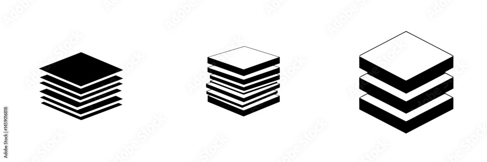 Poster icon representing layered structures in flat black style displaying different stack configurations a