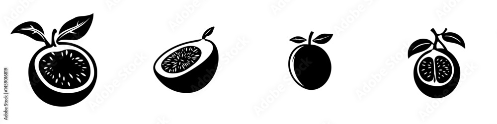 Poster black icons representing various types of fruit with a simple and modern design suitable for multipl